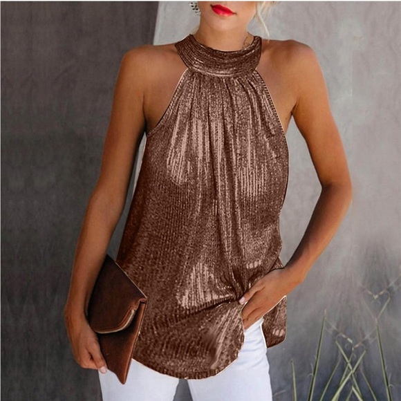 NWT Metallic sparkly holiday party Elegant Brown pink gold bold sexy Halter XL - Picture 3 of 15